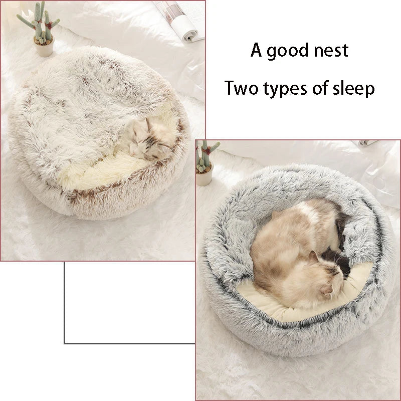 Plush Covered Cat Bed – Warm Round Sleeping Nest for Small Dogs & Kittens