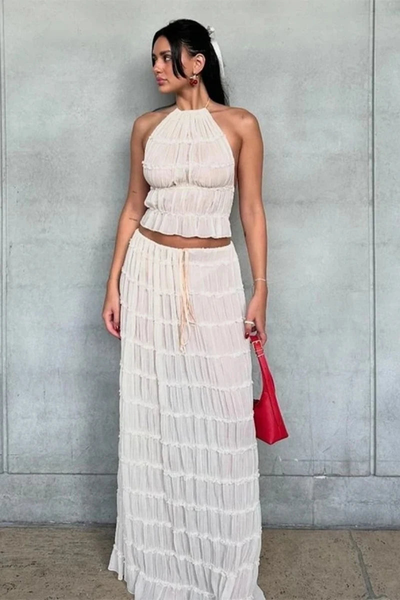 Backless Ruched Beach Set – Halter Top & Long Skirt Two-Piece Outfit