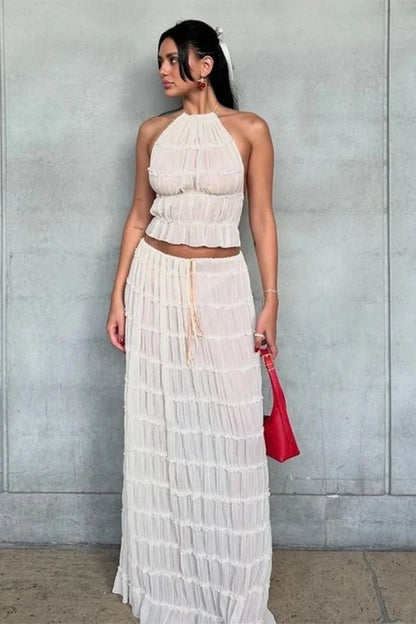 Backless Ruched Beach Set – Halter Top & Long Skirt Two-Piece Outfit