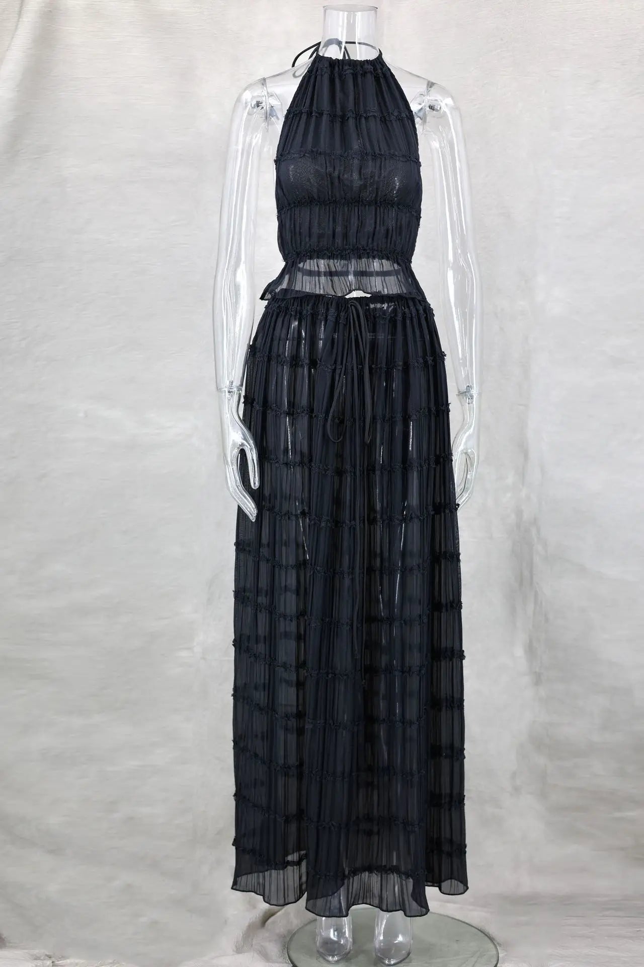 Backless Ruched Beach Set – Halter Top & Long Skirt Two-Piece Outfit