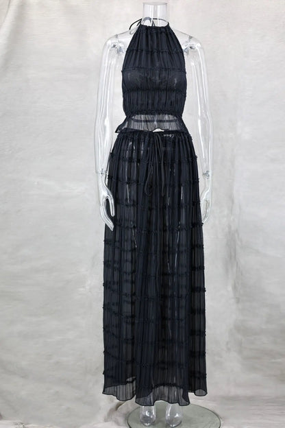 Backless Ruched Beach Set – Halter Top & Long Skirt Two-Piece Outfit