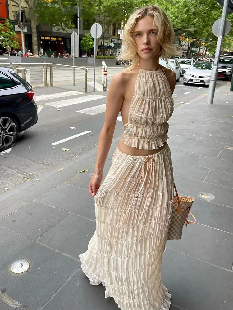 Backless Ruched Beach Set – Halter Top & Long Skirt Two-Piece Outfit