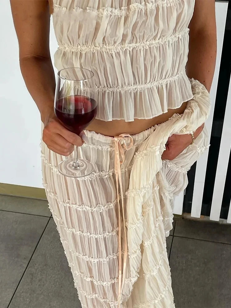 Backless Ruched Beach Set – Halter Top & Long Skirt Two-Piece Outfit